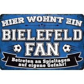 Weatherproof decorative tin sign for football fans, here lives a Bielefeld fan - wall sign, door sign, goal sign, funny football saying, fan item (20 x 30 cm)