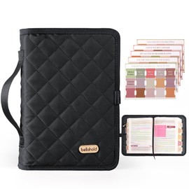 Bellahold Adjustable Bible Cover with 75 Bible Tabs - Bible Cover Case for Women，Waterproof, Washable Quilted Bible Case，Reusable Christian Gifts for Women (Black, L)