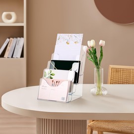 SEWACC Acrylic Brochure Holder, 4 Tier Clear Flyer Holder Clear Brochure Display Stand Acrylic File Holder Magazine Desktop Rack