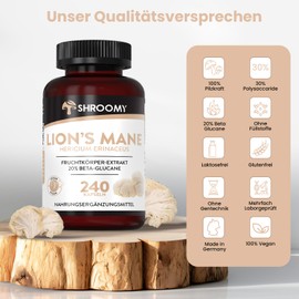 Lions Mane Pilz Extrakt Kapseln (Hericium erinaceus) - 240 Stück - hochdosiert mit 20% Beta Glucane und 40% Polysaccaride - 1020 mg Extrakt pro Tagesdosis - Laborgeprüft und Vegan - DE - SHROOMY