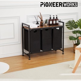 PioneerWorks Laundry Hamper, Laundry Basket Organizer Laundry Sorter with 3 Pull-Out and Removable Bags and Top Shelf, Dirty Clothes Hamper for Laundry Room Bathroom Bedroom and Dorm