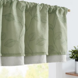 JINCHAN Green Leaf Embroidered Valance Curtain for Window Farmhouse Voile Double Layer Valance for Kitchen Living Room Botanic Rustic Country Window Treatment 18 Inch Room Darkening Rod Pocket 1 Panel