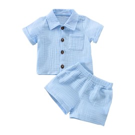Haomibacu Toddler Boy Summer Texture Cotton 2 Piece Outfits Button Down Shirt Elastic Waist Short Suit Kids Casual Solid 2pcs Clothes Set 2-6 Years (Blue, 3-4T)