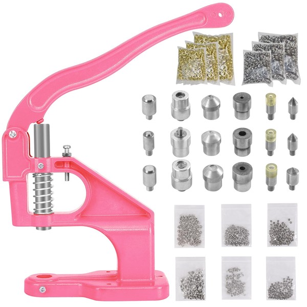 Hand Press Grommet Machine, Grommets Eyelet Tool Kit, Eyelet Punch Tool Kit with 1800 Pcs Grommets Eyelet and 9 Dies for Snap Buttons, Rivets Setting,Curtains,Belts,Bags,Shoes,Awning,DIY Craft