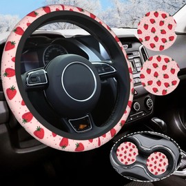 Strawberry Pink Steering Wheel Cover for Women Men with 2 Pcs Car Coasters, 14.5-15 Inch Anti-Slip Universal Cute Strawberry Car Accessories Protective Cover for Vehicle