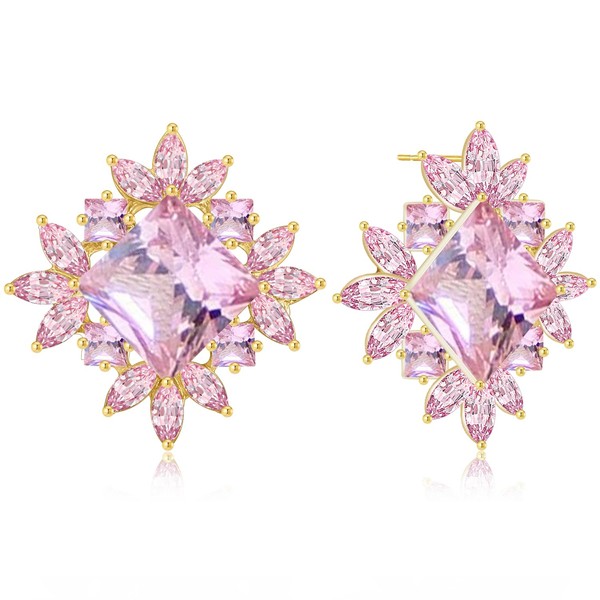 JIMARIN Aesthetic Dainty 14K Gold Rectangle Crystal Flower Lightweight Stud