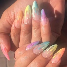 Rilafuvu 24Pcs Long Fake Nails Almond Press on Nail French Tip Glue on Nails Rainbow Ice Cream Design Acrylic Nails Almond Nails for Women and Girls