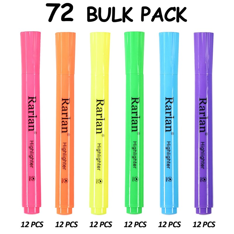Rarlan Highlighters, Chisel Tip, Assorted Fluorescent, 72 Count Bulk Pack