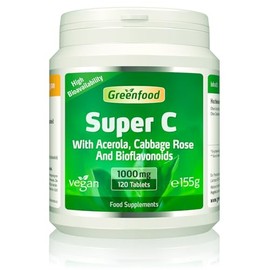 Greenfood Super C, 500 mg Vitamin C, high dose, 120 Tablets - with acerola, Wild Rose and bioflavonoids, contributes to the Maintenance of the Immune System. Without Artificial additives. Vegan