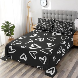 Pamnest 4 Pieces Queen Size Bed Sheet Sets, Love Cute Soft Microfiber Bedding Sets for Kids and Adults Bedroom Bed Decor, Polka Heart White Flat Sheet, Fitted Sheet and 2 Pillowcases