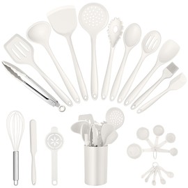E-far Silicone Cooking Utensils Set, 25 Piece Kitchen Utensils with Holder, Non Toxic Kitchen Tools Spatula, Turner, Spoon, Ladle for Nonstick Cookware, Heat Resistant & Dishwasher Safe - White