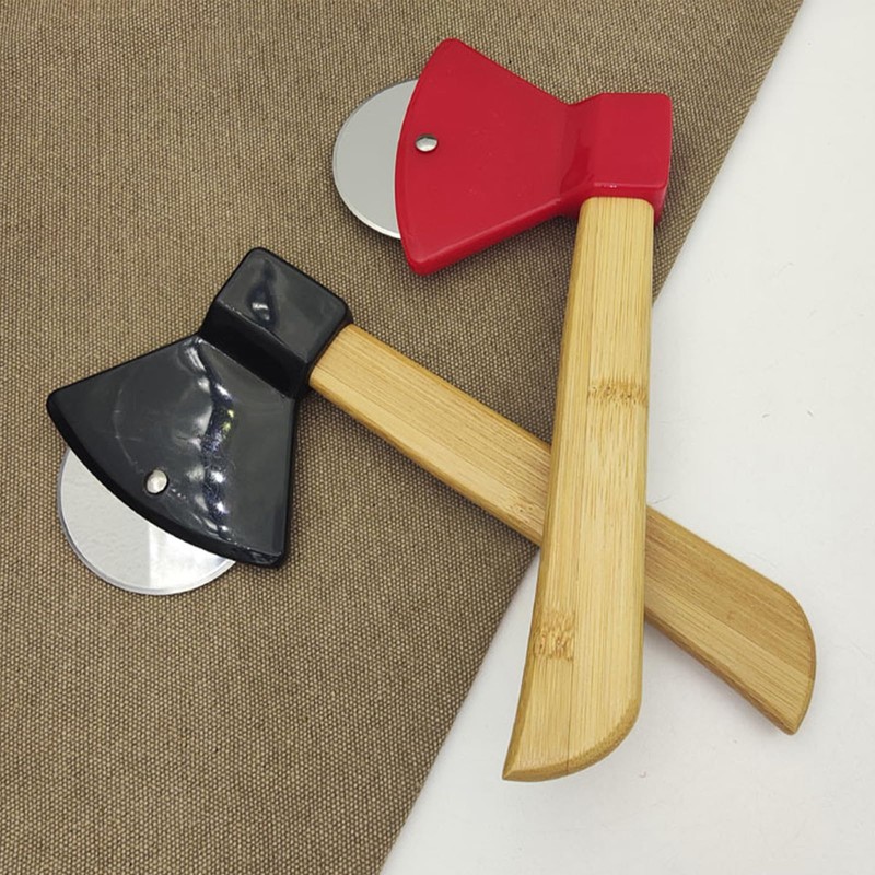 Axe Pizza Cutter with Bamboo Handle and Sharp Rotating Blade