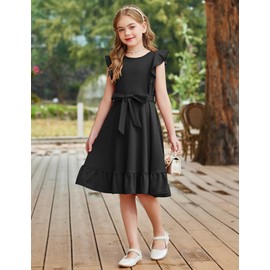 Arshiner Girls Black Dress Flutter Sleeve A-line Dresses Casual Party Church Funeral Dresses Size 10-12