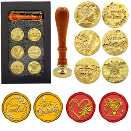 XQIGI 6 Pcs Wax Seal Stamp Set, Blessing Sealing Waxing Stamper Brass Head Kit with Wooden Handle for Party Invitations, Envelops, Cards and Gift Packaging (Phrases Series)