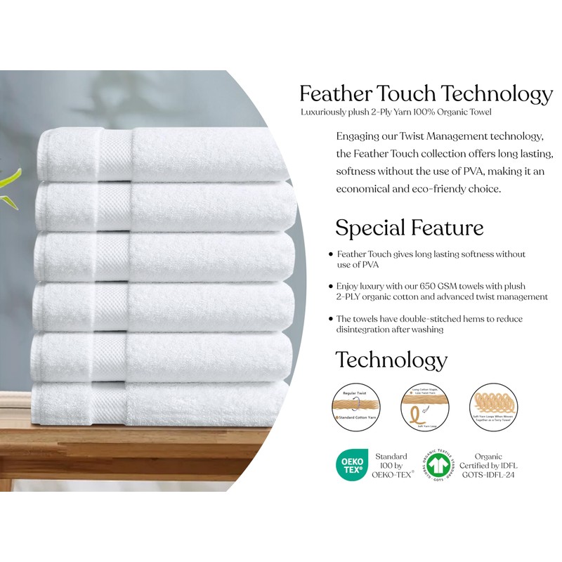 Delara 100% Organic Cotton Towels 650 GSM Plush Feather Touch