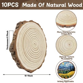 10 Pcs 10-11 Inch Unfinished Wood Slices for Centerpieces,Natural Wood Rounds for Crafts Rustic Wedding and Table Decorations,Wooden Discs with Tree Bark,Ideal for Crafts,Painting,and Holiday Decor