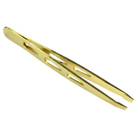 HTS 172D7 4" Gold Slanted Eyebrow Tweezers with Droplet Holes
