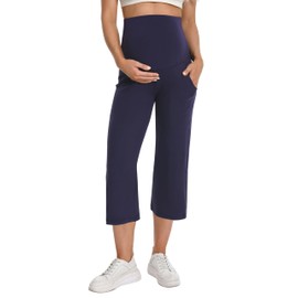 Foucome Maternity Capris Wide Leg Cropped Yoga Pants Summer Loose Casual Pregnancy Pants with Pockets (Navy, M)
