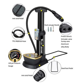 Black Bike Foot Pump with Gauge, Lightweight Bicycle Foot Activated Floor Pump Competible with All Valve for Road Bike Mountain Bike
