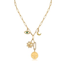 PAVOI 14K Yellow Gold Plated Lariat Necklace for Women | Statement Paperclip Chain with Removable Charms – Evil Eye, Moon, Bumble Bee, Arrow, and Gemstone Disc | Elegant Gold Jewelry
