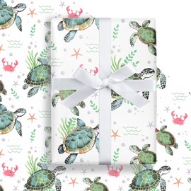 LeZakaa Ocean Sea Turtle Wrapping Paper Roll for Boys Girls Kids, Green Sea Turtle with Seaweed, Crabs, Starfish, Underwater Design for Birthday, Baby Shower Party, Mini Roll, 17 inches x 16.4 Feet