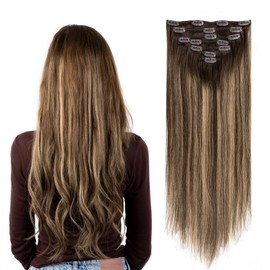 SoBeauty Clip in Hair Extensions Real Human Hair, Invisible Clip In Hair Extensions 100% Human Hair, Balayage Chocolate Brown to Caramel Blonde #4TP27/4 18Inch 120G 7PCS