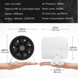 DUCTURBO 6 Inch Inline Duct Fans, 350 CFM Ventilation Exhaust Fan Ideal for Indoor Heating Cooling Transfer Or Grow Tents Air Boosting, With Variable Speed Controller