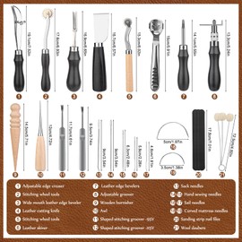Leather Working Tools, Leather Craft Tools with Edge Beveler, Skiver, Stitching Tools Sewing Needles, Groover Skiving Tools for Leather Repair Leather Craft Kit for Leathercraft Beginner Adults