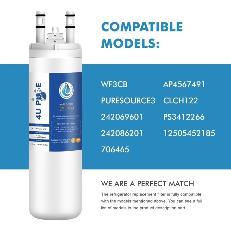 4U PURE Compatible with WF3CB Refrigerator Water Filter, Replacement for