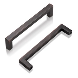 GOBEKOR 5 Pack Solid 5 Inch Cabinet Pulls Oil Rubbed Bronze Drawer Handles Modern Square Drawer Pulls,Kitchen Cabinet Handles for Dresser Drawer,128mm Overall Length,Brushed Bronze Kitchen Hardware