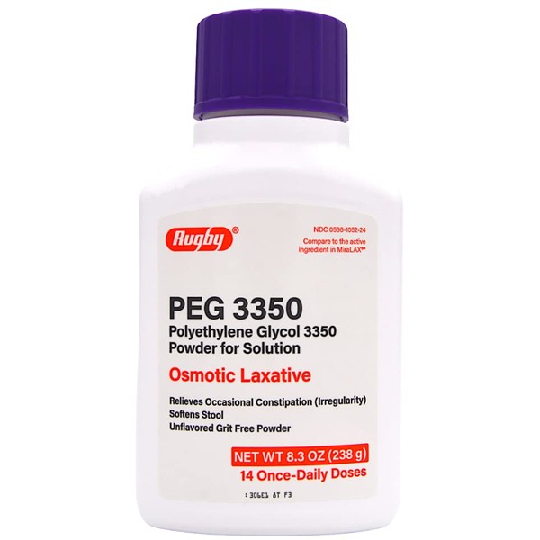 Rugby Polyethylene Glycol (PEG) 3350 Osmotic Laxative Sugar-Free Unflavored Grit Free Powder 8.3 Oz - 14 Once-Daily Doses
