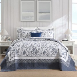FineStichery Oversized King Bedspreads 120"x120", 100% Cotton Floral California King Quilt Extra Large Coverlet, Lightweight Farmhouse Quilted Bedding Set 3 Piece, Blue/White