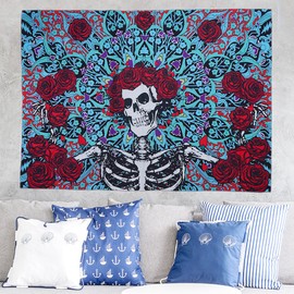 Sugar Skull Rose Tapestry Skull Floral Wall Hanging Colorful Skeleton Flowers Tapestry Mandala Boho Wall Art Tapestries for Bedroom Room Living Room - 60x80 inch