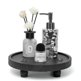 Tikea Farmhouse Wood Display Riser, 10 in. Farmhouse Pedestal Stand for Living Room Kitchen Bathroom Counter Decor, Round Display Tray for Coffee and Soap Dispenser (Black)