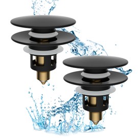 Hibbent 2 Pack All Metal Upgraded Bathroom Sink Stopper, Universal Pop Up Sink Drain Strainer, Brass Bullet Core Push Type Sink Stopper for 1''~2.3''' Basin, Anti Clogging Drain Filter, Matte Black