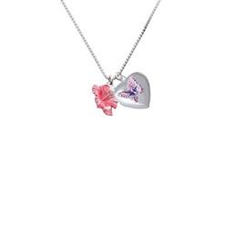 Delight Jewelry Hot Pink Hibiscus Flower You are more Loved Pink Butterfly Heart Locket Necklace