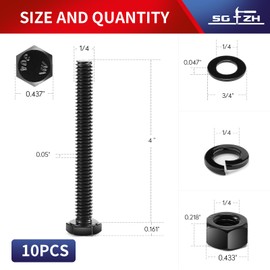 1/4-20 x 4 Hex Head Screw Bolt, Nuts, Flat & Lock Washers, 10Pcs 18-8 (304) Stainless Steel, Fully Threaded, Black Oxide by SG TZH