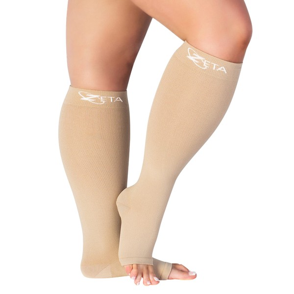 Zeta Plus Size Leg Sleeve Open Toe Support Socks - The Wide Calf Open Toe Compression Socks Women Love for Its Amazing Fit, Cotton-Rich Comfort, Graduated Compression & Soothing Relief, 1 Pair, Size 2XL, Nude