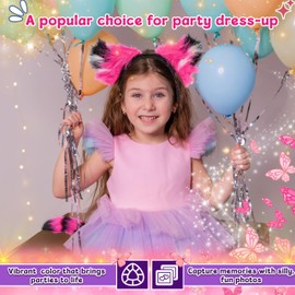 Forest & Twelfth Raccoon Ear Headband for Kids, Plush Head Costume & 12’’ Faux Fur Tail, Animal Hair Hoop for Fun Playtime, Party Favors, Photo Props, Dress-up & Pretend Play (Racoon Black/Pink)