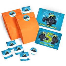 JuNa-Experten 12 Invitation Cards 5th Birthday Children Boys Boys Monster Truck / Car / Invitations for Fifth Children's Birthday Party Including 12 Envelopes, 12 Bags/Orange, 12 Stickers