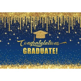 Felortte 12x8FT Polyester Fabric Gold and Blue Graduation Photography Backdrop Congratulations Congrats Grad Background for Class of 2025 Graduation Prom Party Decoration Banner Picture Photo Studio