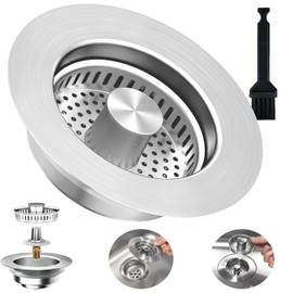 3-in-1 Kitchen Sink Drain Strainer Stopper, Upgraded Stainless Steel Sink Plug with Anti-Clog Filter Basket, Fits Standard 3-1/2 Inch Drain Hole, Pop Up Garbage Disposal Cover Food Catcher