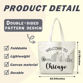 FQPJA Women Chicago Canvas Tote Bag, Souvenir Gifts For Travel Lovers, Reusable Grocery Folding Shopping Tote, Aesthetic Shoulder Bag, Thanksgiving Christmas Gifts For Friends Colleagues -A23