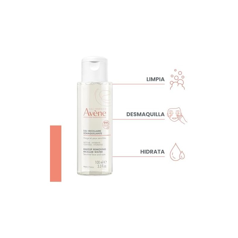 AVENE, Agua micelar desmaquillante facial, limpia, calma e hidrata, para