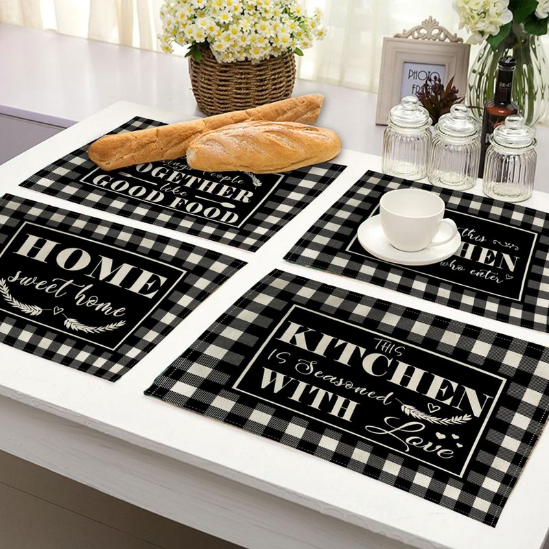 4Pack Farmhouse Decor Placemats Black White Buffalo Plaid Kitchen Inspirational