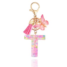 Gisqis Initial Letter Keychains for Women Girls Pink Keychain with Butterfly Purse Charms for Handbags Cute Tassel Keychain