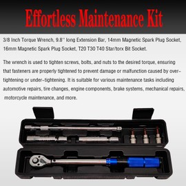 JEUCLEL 7PCS 3/8 Inch Drive Click Torque Wrench Set, 5-60 N.m with 9.8'' Long Extension Bar, 14mm 16mm Spark Plug Socket, T20 T30 T40 Bit Socket for Car Engine Repair Spark Plug Replacement