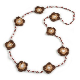 Avalaya Handmade Brown/Camel/White Floral Crochet Cinnamon Brown/White Glass Bead Long Necklace/Lightweight - 100cm Long