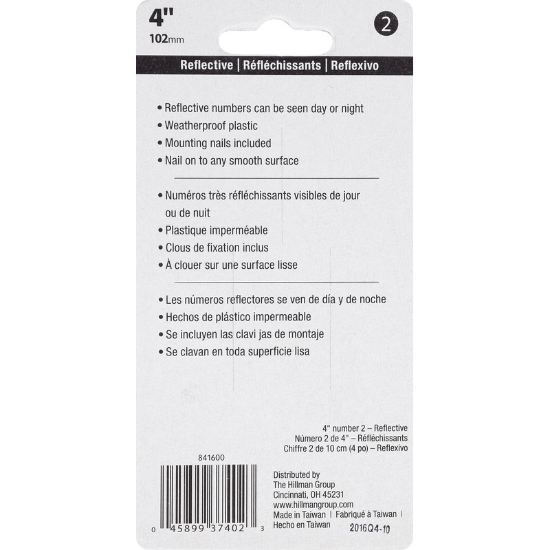 HIllman 841600 4-Inch Nail-On Reflective Plastic House Number 2