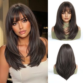 OUFEI Dark Brown Wigs for Women Oversized Scalp Medium Length Long Straight Wig with Bangs Synthetic Hair Heat Resistant Wigs for Everyday Party Cosplay Wear